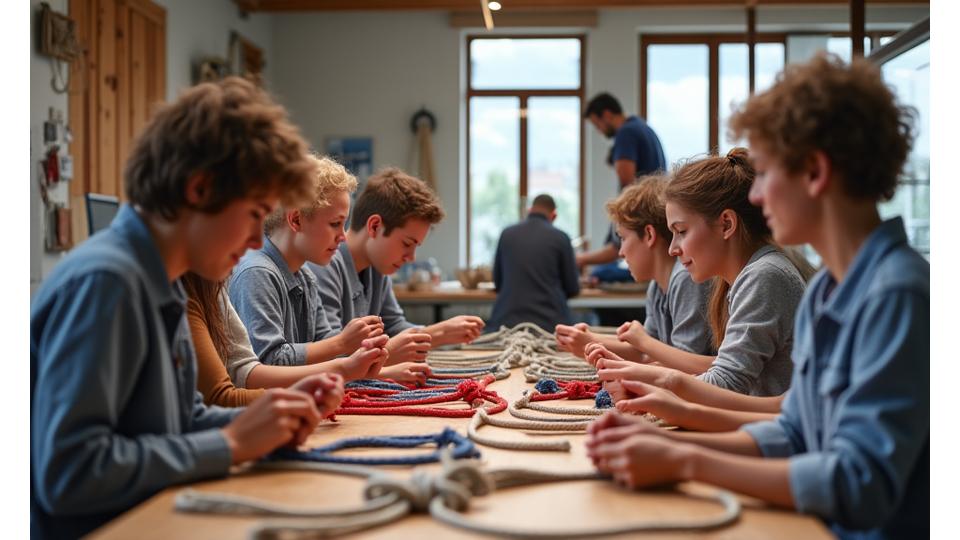 Groep mensen die knopen leert leggen uit touw tijdens een workshop
